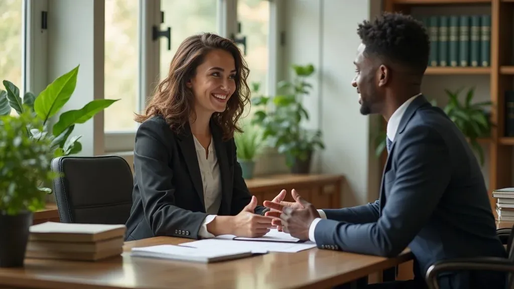 Attorney consulting client in a law firm office using legal content marketing to build trust