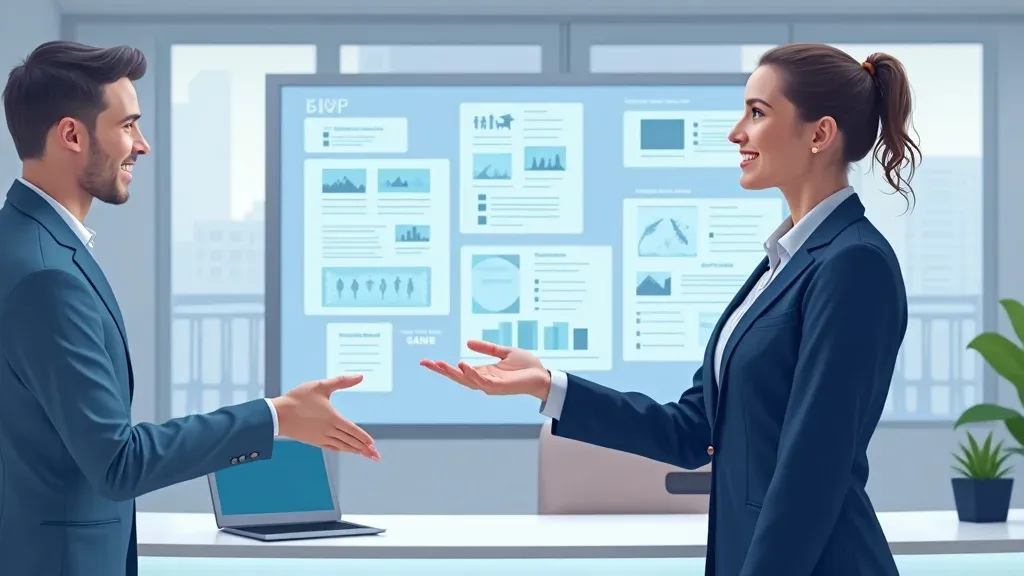 Attorney presenting diverse law firm content marketing types to clients in a tech-forward law office