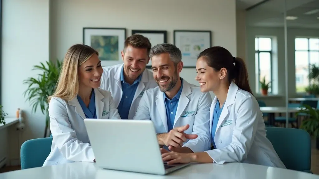 Chiropractic clinic team collaborating on digital marketing dashboard, illustrating chiropractor marketing system implementation