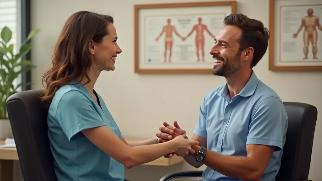 Cheerful chiropractor and patient discussing wellness during an interview in a clinic, representing agentic content marketing
