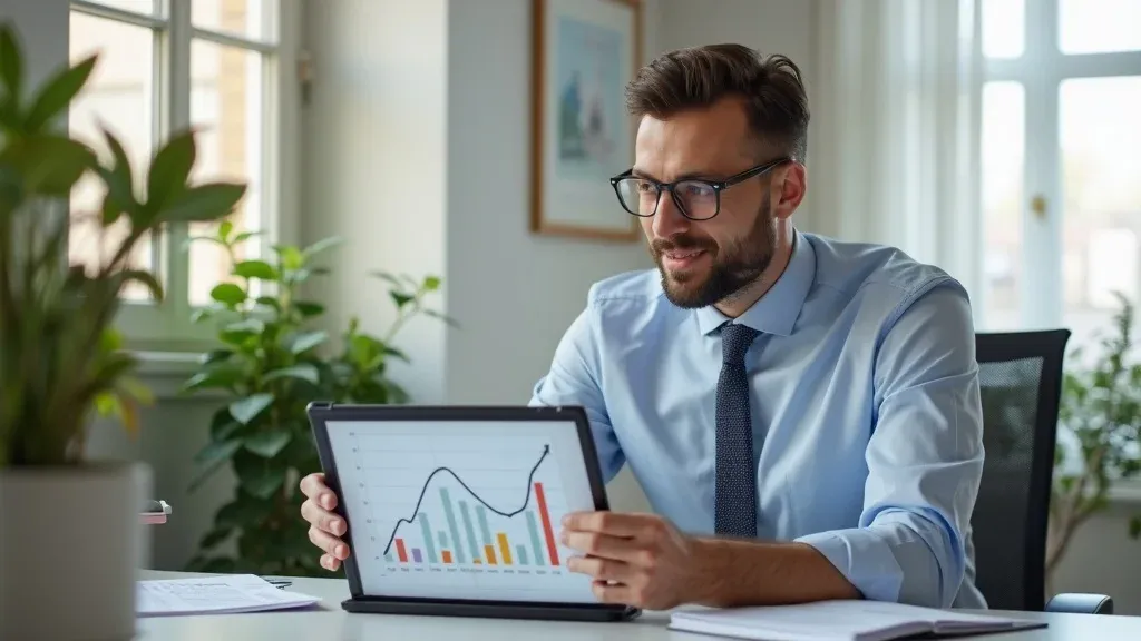 Proud chiropractor analyzing patient growth chart on digital tablet, showing results of automated chiropractor marketing system