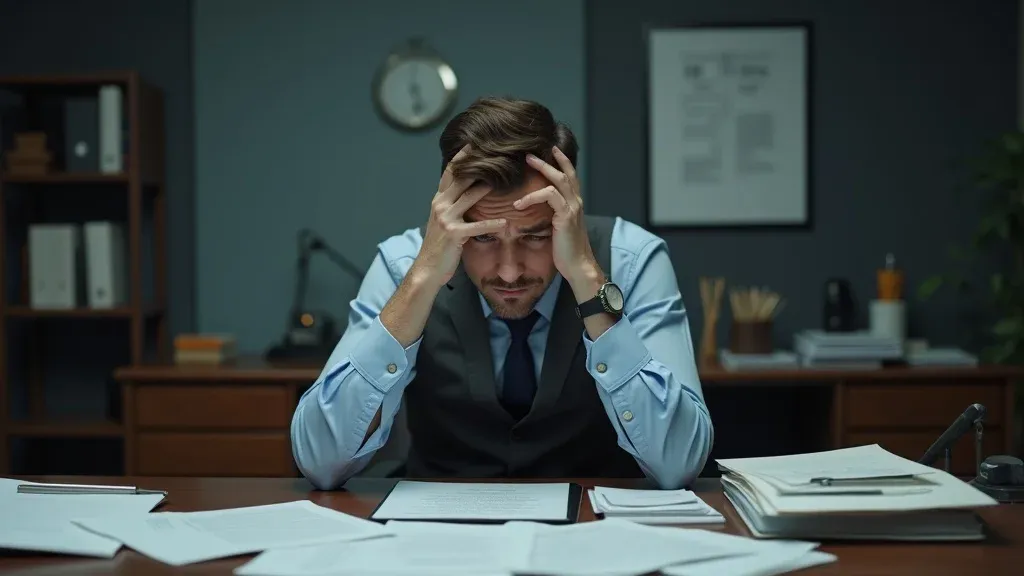 Stressed attorney surrounded by unfinished files, representing lost billable hours and business stress in estate planning law firms due to poor marketing