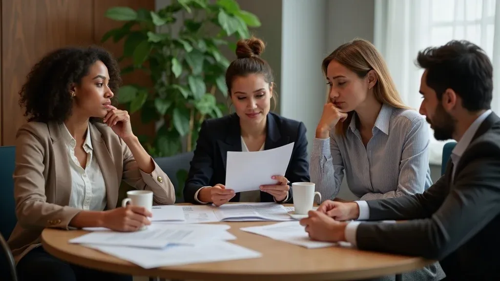 Diverse group of estate planning clients and attorney reviewing brochures, symbolizing ideal client identification in estate planning marketing