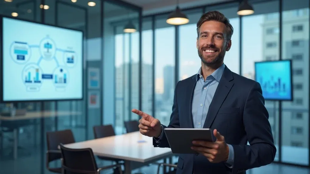 Attorney confidently presenting an estate planning marketing strategy on a tablet to clients, emphasizing trust and professionalism